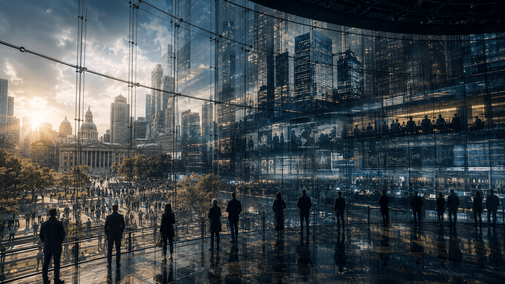 A group of people standing in a modern glass building overlooking a bustling city with skyscrapers and a large plaza. The scene is illuminated by a dramatic sunset, creating a contrast between the natural light and the city's artificial lighting.
